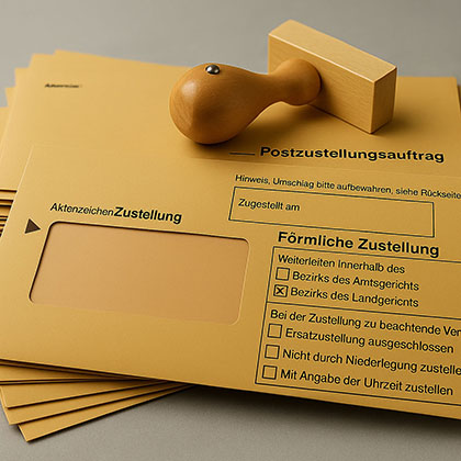 ostzustellungshülle, sichtbar bedruckt mit Postzustellungsurkunde – offizielles Formular, gelbes Recyclingpapier, schwarzer Aufdruck, Anwendung im Behördenumfeld