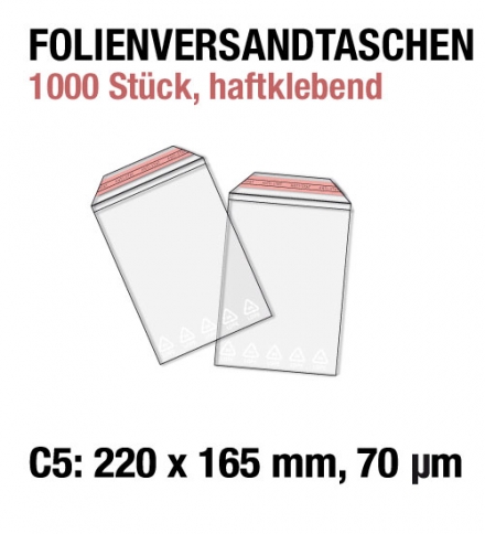 1.000 Folienversandtaschen für C5 = 220 x 165 mm, 70 my, Adhäsionsverschluss