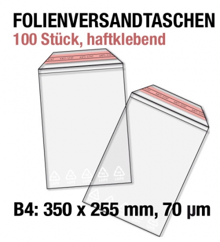 100 Folienversandtaschen für B4 = 350 x 250 mm, 70 my, Adhäsionsverschluss