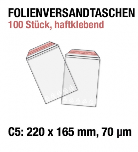 100 Folienversandtaschen, C5 = 220 x 165 mm, 70 my, Adhäsionsverschluss