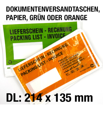 Dokumententaschen aus Papier, DIN lang, grün oder orange