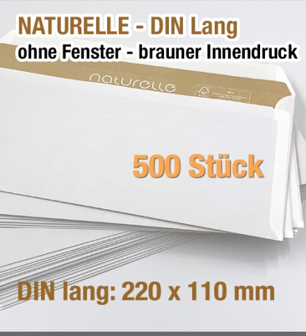 Naturelle-Briefumschläge mit braunen Innendruck im Format DIN lang = 220 x 110 mm, 500 Stück